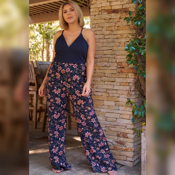 Trac Pants - TRAC Juniors Plus Floral Lace Back Jumpsuit